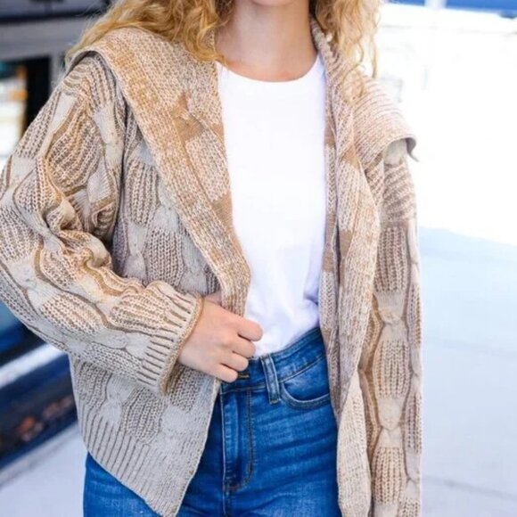 New Autumn Vibes Taupe Textured Cable Knit Collared Cardigan Sizes 1x, 2x, & 3X - Picture 3 of 9